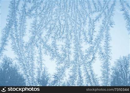 Frost flake patterns on a window in December on a cold morning