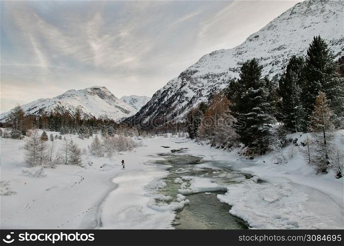 Frost landscape in Engadine valley on the Swiss alps.