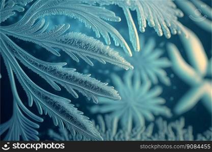 Frost Patterns on Glass, Macro Close-Up Ice Patterns Winter Frost Background. Generative AI. Frost Patterns on Glass, Macro Close-Up Ice Patterns in Winter. Generative AI