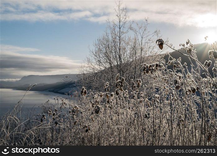 Frosted winter landscape in cold temperature with ice and hoar frost on lake, rime on crisp, frozen leaves and mountains in the horizon at sunset with sun rays.. Frosted winter landscape in cold temperature with ice and hoar frost on lake, rime on crisp, frozen leaves and mountains in the horizon at sunset with sun rays