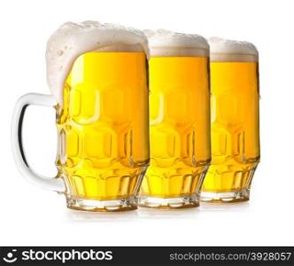 Frosty fresh beer collection with foam isolated background