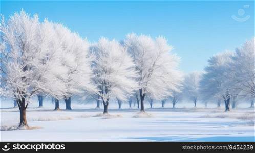 Frosty Winter Wonderland  Trees Covered in Glistening Frost. Generative AI.