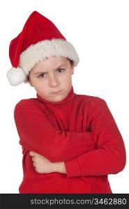 Frowning boy with santa hat isolated on white background