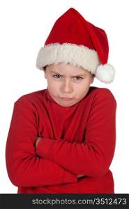 Frowning boy with santa hat isolated on white background