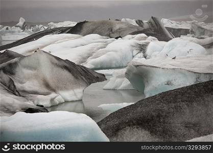 Frozen blue icebergs in a glacial lake