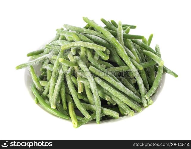 frozen green bean in front of white background