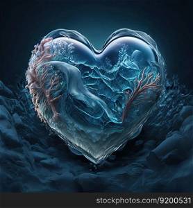 Frozen heart on winter with ice and snow background. Valentines Day, love concept. AI. Frozen heart on snow and ice background. Valentines Day, love concept. AI