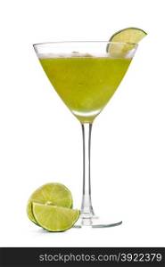Frozen kiwi drink with limes on white background.