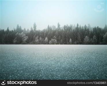 Frozen lake landscape with forest in winter - Frost on trees and grass. Winter background. Frozen lake landscape with forest in winter - Frost on trees and grass