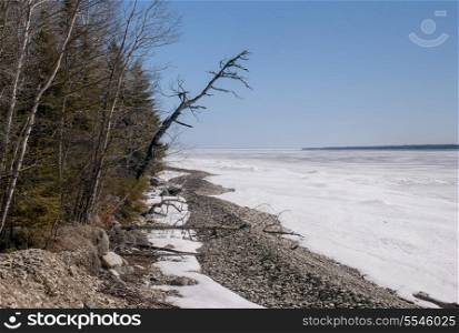 Frozen lake shoreline in winter, Lake Winnipeg, Hecla Grindstone Provincial Park, Manitoba, Canada