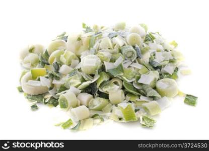 frozen leeks in front of white background