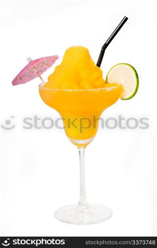 frozen mango margarita daiquiri with lime black straw and pink umbrella isolated on white background