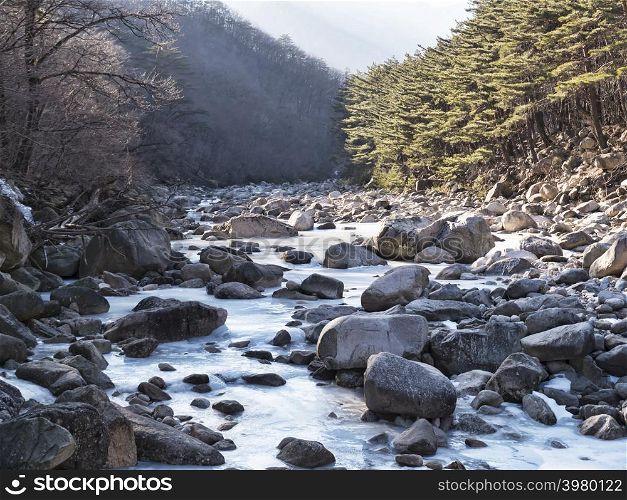 Frozen mountain river in Seoraksan National Park, South Korea