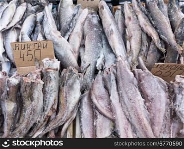 frozen raw fish on a local market