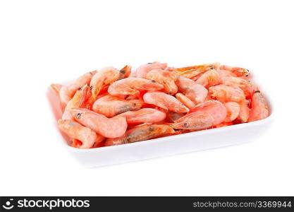 Frozen red shrimps in white box, closeup view