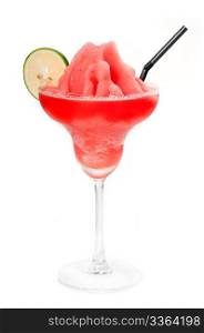 frozen strawberry margarita daiquiri with lime and black straw isolated on white background