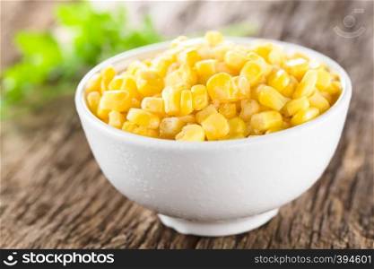 Frozen sweet corn kernels in white bowl, parsley leaves in the back (Selective Focus, Focus one third into the bowl) . Frozen Sweet Corn Kernels