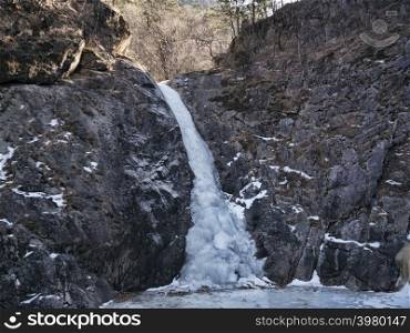 Frozen waterfall in the mountains, Seoraksan National Park, South Korea