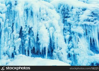 Frozen waterfall of blue icicles on the rock