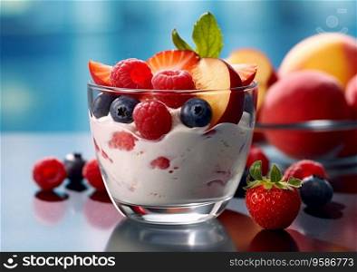 Frozen yogurt dessert with raspberries,blueberries,strawberries and peach.AI Generative