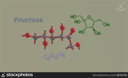 Fructose or Laevulose reducing sugar ketose science chemical structure and model 3D rendering illustration
