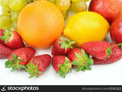Fruit and berries isolated on white background. Healthy food.