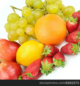 Fruit and berries isolated on white background. Healthy food.