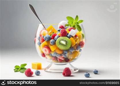 fruit and berry summer salad in a glass bowl Generative AI.