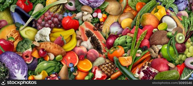 Fruit and vegetable background or Vegan and veganism or healthy food as a group of fresh ripe fruits and nuts with beans as a diet symbol for eating green biological natural food.