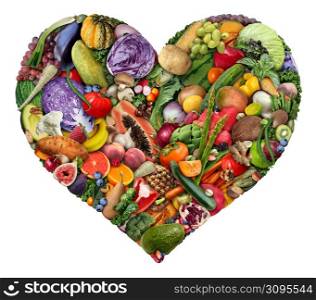 Fruit and vegetables love and heart health symbol for vegan and veganism or loving healthy food as a group of fresh ripe fruits and nuts with beans as a diet symbol for eating green biological natural food.