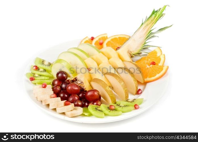 Fruit assortment at plate on a white background