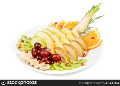 Fruit assortment at plate on a white background