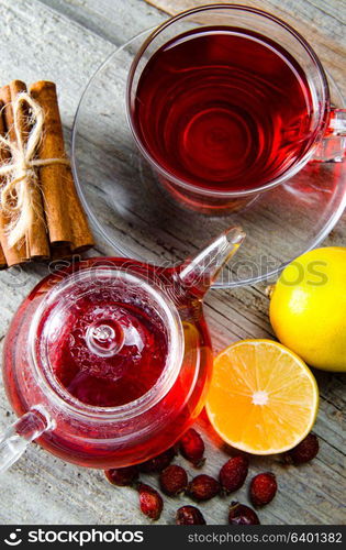 Fruit berry tea in the cup served on table