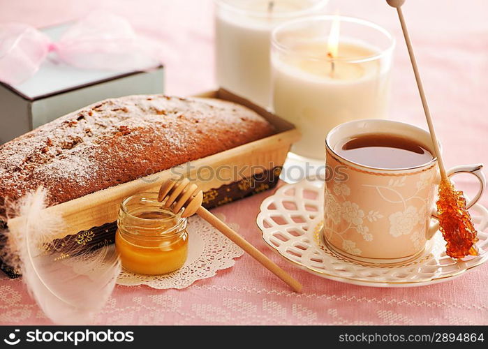 Fruit cake over table cloth