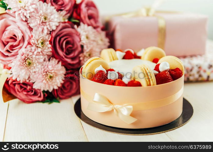 Fruit Cake, Pink Roses Bouquet and Anniversary Presents