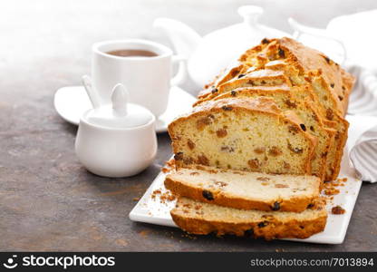 Fruit cake with raisin, sliced fruitcake