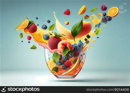 fruit cocktail with a variety of summer fruits, flying or floating in the air, created with generative ai. fruit cocktail with a variety of summer fruits, flying or floating in the air