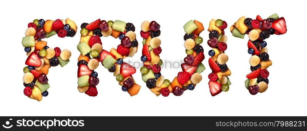 Fruit concept as assorted fruits shaped as letters made of fresh berries blueberry blackberry strawberries melon cantaloupe raspberry pineapple banana and grapes as an icon of healthy lifestyle and living well isolated on a white background.