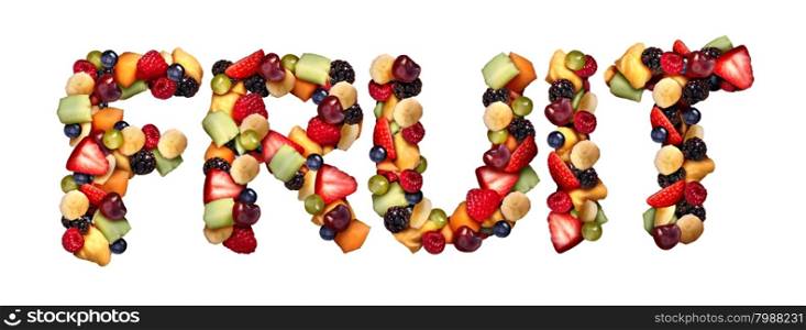 Fruit concept as assorted fruits shaped as letters made of fresh berries blueberry blackberry strawberries melon cantaloupe raspberry pineapple banana and grapes as an icon of healthy lifestyle and living well isolated on a white background.