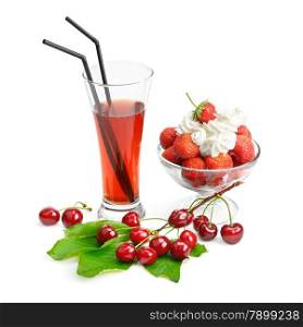 fruit dessert and cherry juice isolated on white background