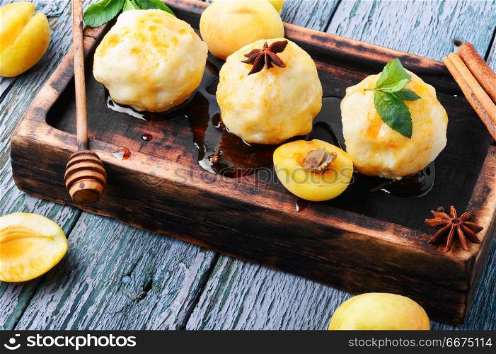 Fruit dumplings with apricot. National dish of Czech and Slovak cuisine of dumplings with apricot