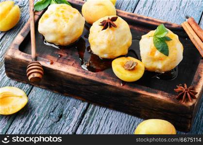Fruit dumplings with apricot. National dish of Czech and Slovak cuisine of dumplings with apricot
