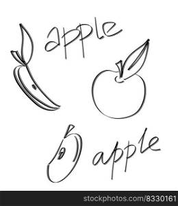 Fruit hand drawn. Fruits. Whole and sliced apple. Apple doodle icon isolated on white background. Set apples fruit sketch illustration with handwritten text.. Peach slice and full peach with hand written text. Black line fruits illustration set isolated
