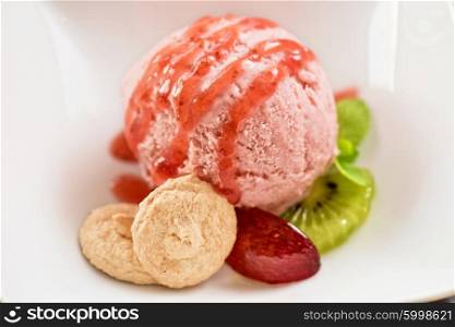 Fruit ice cream. Fruit strawberry ice cream in plate
