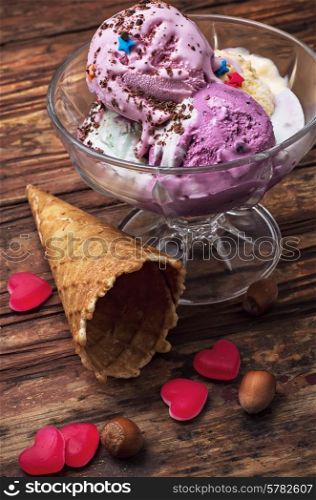 fruit ice cream in bowl.The image is tinted in vintage style.Shallow DOF. fruit ice cream in bowl