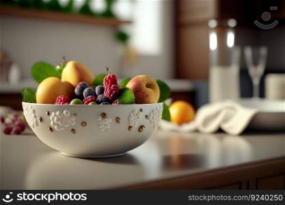 fruit in a bowl in the kitchen. Neural network AI generated art. fruit in a bowl in the kitchen. Neural network AI generated