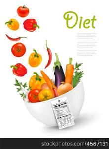 Fruit in a bowl with a nutritional label..Concept of diet. Vector illustration
