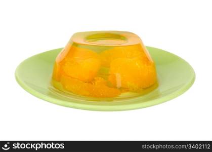 fruit jelly on a green plate isolated on white background
