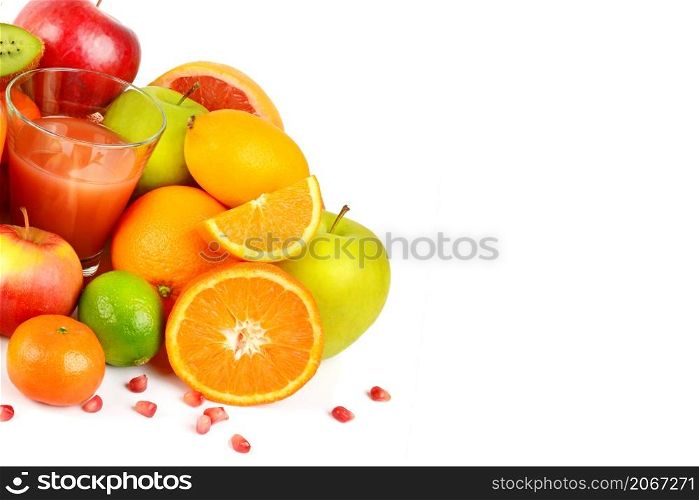 Fruit juice and a set of useful fruits isolated on a white background. Free space for text.