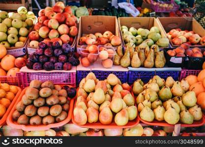 Fruit market. Lots of different fresh fruits.